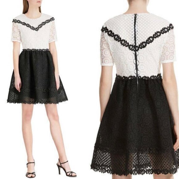 Maje Renald Floral Lace Skater Mini Dress Black White Size 1 US Size Small - Picture 1 of 12